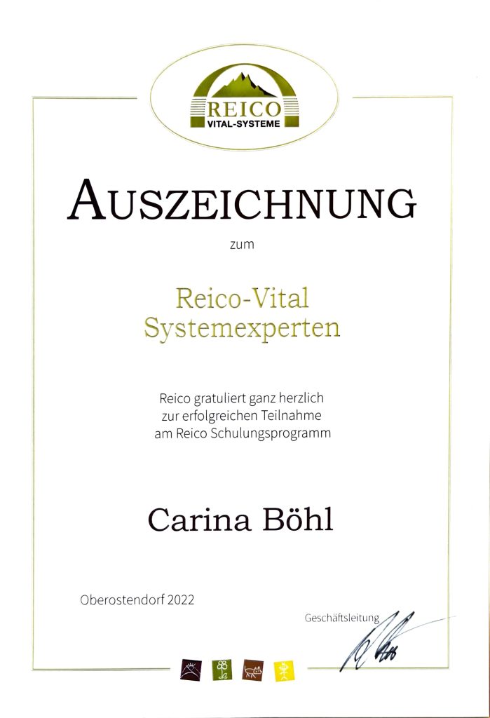 Reico Vertriebspartnerin Carina Böhl Auszeichnung Reico Vital Systemexperte